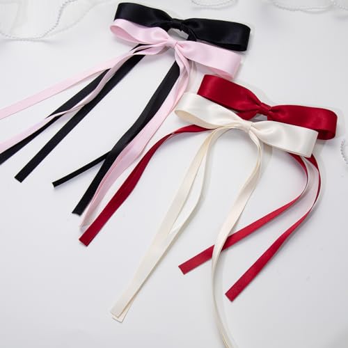 Mythos 4-Piece Long Tail Ribbon Hair Bow Clips for Women