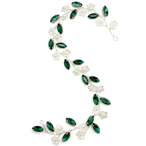 BETITETO Green Crystal Silver Vine Bridal Flower Hair Vine Headpiece for Wedding & Special Occasions