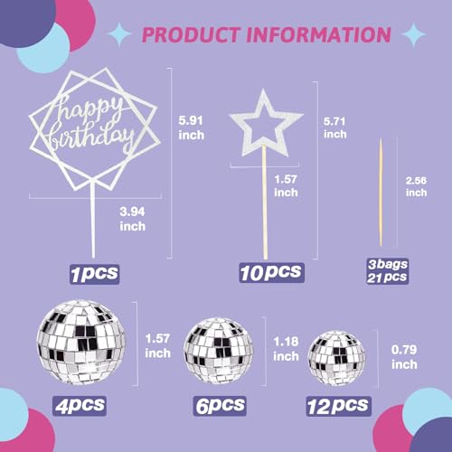 Disco Ball Cake Toppers Set - 33 Pcs for 70s 80s Theme Parties