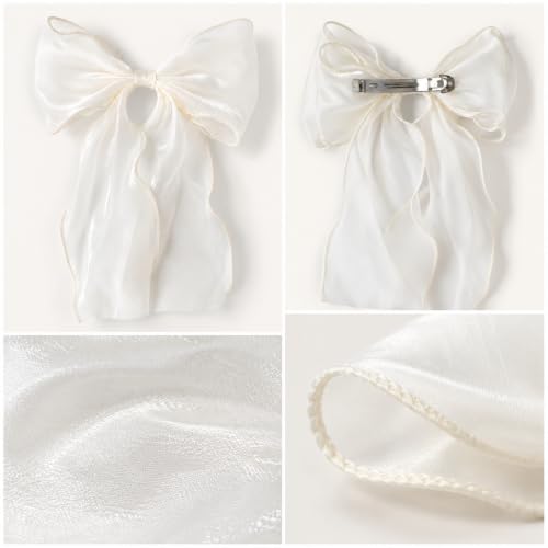 Chirende White Large Bow Hair Clip with Long Tail Cozy Coquette Style