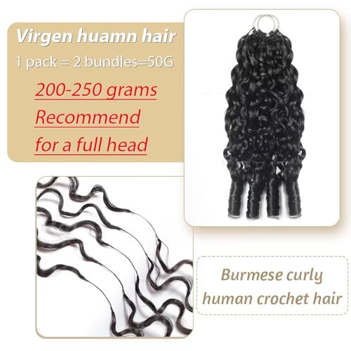 Human Crochet Hair for Black Women Burmese Curly Human Hair Crochet Bundles 20 Inch 50g Pre-Separated Feather Crochet Human Hair Wet and Wavy Invisible Miracle Knots Hair Natural Black