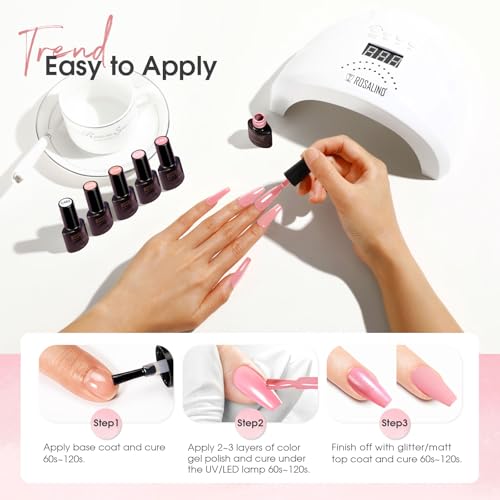 ROSALIND Jelly Pink Base Color Gel Polish Set with Sheer Nude & Sparkle Pink, 6 Colors + 2 Top Coats