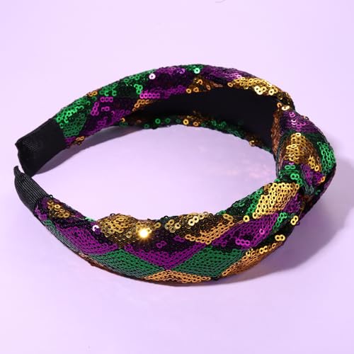 Mardi Gras Sequin Headband - Glitter Purple Green Gold Top Knot Hairband