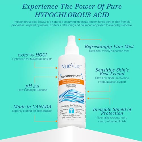 NueVue Hypochlorous Acid Face & Body Spray - Gentle Skin Cleanser & Toner, pH Balanced, 4 oz