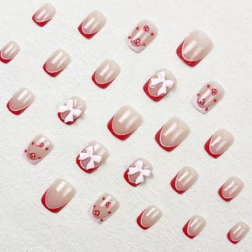 Short Square Press-On Nails with 3D Bow Strawberry Design - 24 Pcs