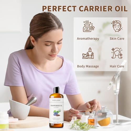 MAYJAM Organic Grapeseed Oil 473ml/16 Fl oz for Skin & Hair Care, USDA Certified, Cold Pressed, Unrefined