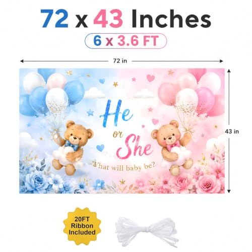 Gender Reveal Backdrop - Teddy Bear Banner, 72x43 in, Pink & Blue