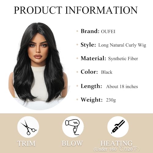 OUFEI Black Wig with Curtain Bangs - Natural Straight Curly Synthetic Hair (1291-4)