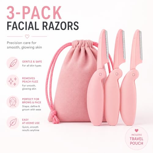 EcoGlow Co. Pastel Facial Razors for Women - Blush Pink 3-Pack Dermaplaning & Eyebrow Shaping