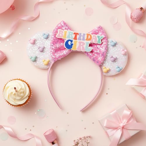 White Sequin Mouse Ears Headband for Women Birthday Girl Hair Accessory