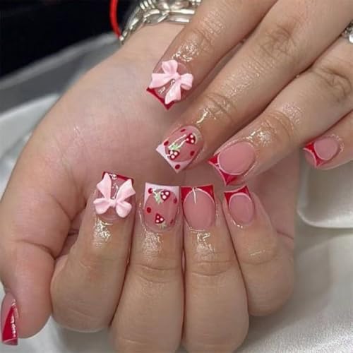 Short Square Press-On Nails with 3D Bow Strawberry Design - 24 Pcs