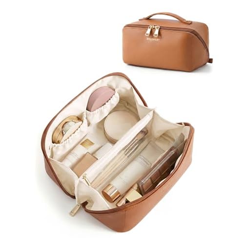 BAGSMART Makeup Bag Travel Cosmetic Bag, Large Make Up Bag Flat Open Toiletry Bag for Women, PU Leather Travel Essentials Organizer Case, Wide-open Pouch Purse for Skincare, Brushes, Classic Brown