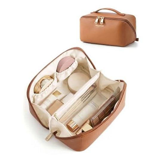 BAGSMART Makeup Bag Travel Cosmetic Bag, Large Make Up Bag Flat Open Toiletry Bag for Women, PU Leather Travel Essentials Organizer Case, Wide-open Pouch Purse for Skincare, Brushes, Classic Brown