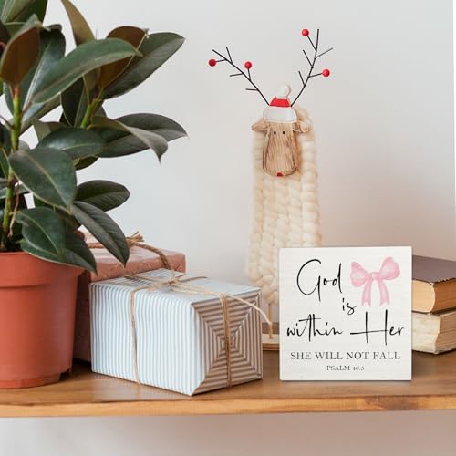 Christian Inspirational Wooden Box Sign with Pink Bow - 5x5 Inches