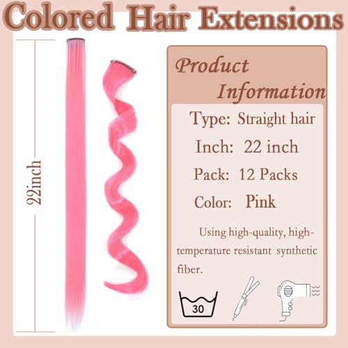 12 Pcs Pink Clip-In Hair Extensions for Girls - 22 Inch Straight Highlights