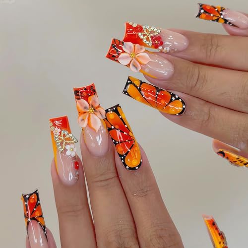 24 Pcs Autumn Butterfly Press-On Nails with 3D Flower Design