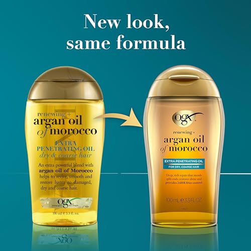 OGX Renewing + Argan Oil of Morocco Hair Oil, Extra Strength Penetrating Serum Treatment for Dry, Damaged, Frizzy, Curly & Coarse Hair, Cold-Pressed Argan Oil, Shine, 3.3 Fl Oz