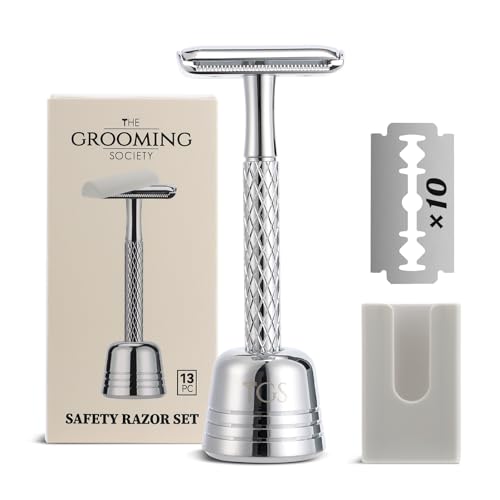 THE GROOMING SOCIETY Double Edge Safety Razor Set - Silver with Stand