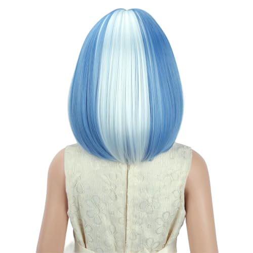 PATTNIUM Blue and White Bob Wig - Short Straight Wig with Bangs