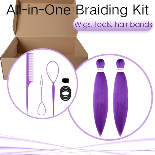 Maffuno 26in Pre-Stretched Purple Hair Extensions for Braids Halloween Cosplay (3 Pack)