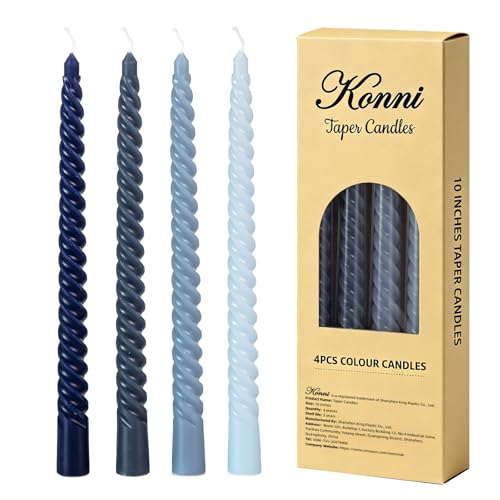 KONNI 10-Inch Blue Spiral Taper Candles - 4 Pack, Smokeless & Long Burning