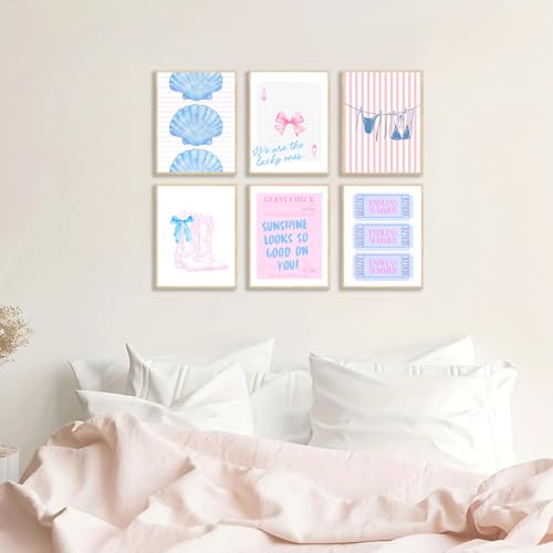 Coastal Cowgirl Wall Art Set - 6 Unframed Blue & Pink Prints