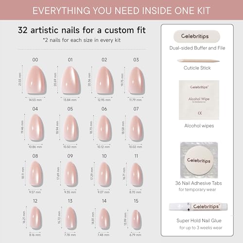 Celebritips Short Almond Press-On Nails - She Wears Crystals, 32 Nails Kit with Glue