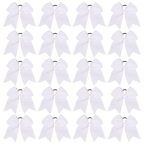 20PCS 8-Inch White Cheer Hair Bows with Ponytail Holders