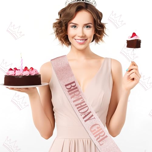 Rose Gold Birthday Sash for Women & Girls - Glitter Satin Sash