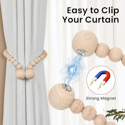 KLOGTSIND Magnetic Curtain Tiebacks - 2 Pack Wood Bead Holdbacks
