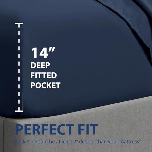 Cathay Home Twin Fitted Sheet - 14" Deep Pocket, Navy Microfiber
