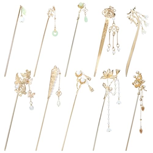Lawie 10 Pack Retro Gold Metal Hair Sticks with Pearl Dangles