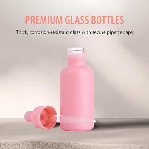 Focus Nutrition 12 Pink Glass Boston Round Dropper Bottles 1oz for Essential Oils & Aromatherapy