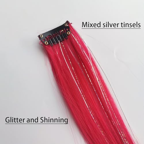 EXTACIO Red Clip-in Hair Extensions 22 Inch Rainbow Highlights with Silver Tinsels
