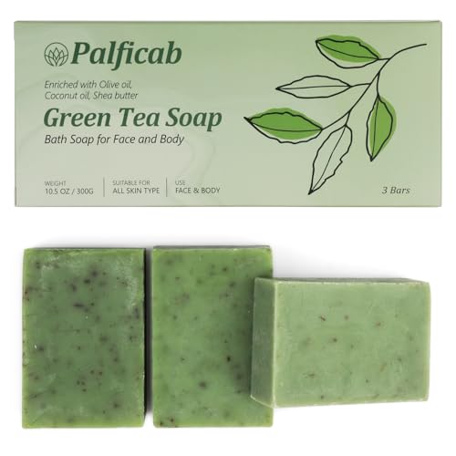 PALFICAB Green Tea Soap Bars, 3.5oz 3-Pack with Purple Soap Saver Bag