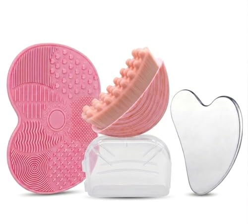 Pink Contour Face Brush Set with Gua Sha & Cleaning Pad – Skincare & Facial Massage Kit