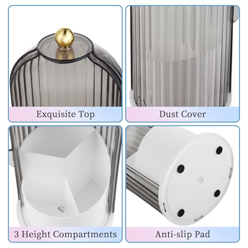 360 Rotating Makeup Brush Holder with Dustproof Lid - Grey Organizer