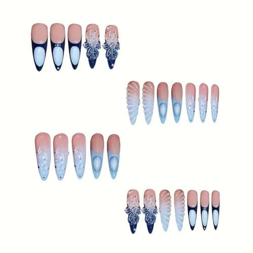 Sevgob Long Almond Press On Nails - Flower Charm Blue French Tips - Summer Fake Nails (4 Long Nails Variant)