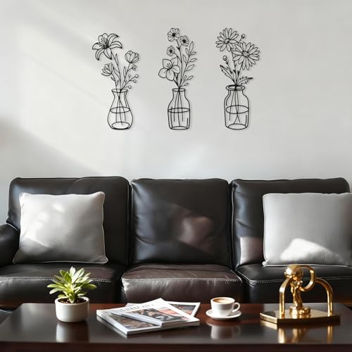 Metal Flower Wall Decor Set - 3 Pcs Wrought Iron Vases for Home