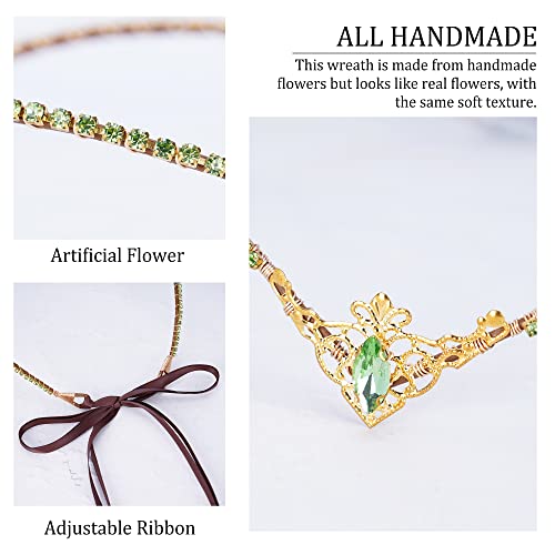 MOSTORY Handmade V-Shape Fairy Crown Tiara - Gold Green Headband for Weddings & Cosplay