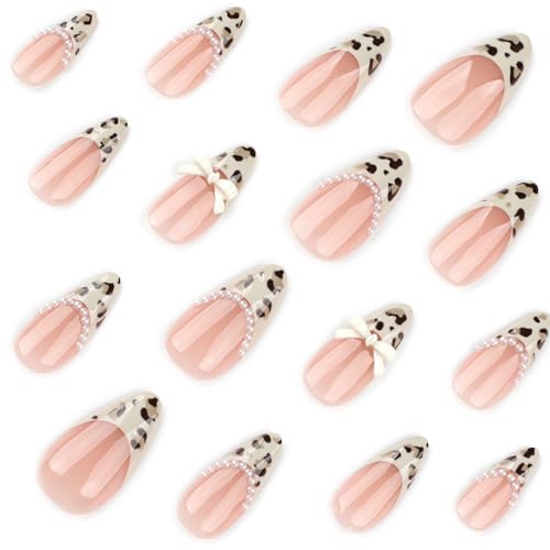 Medium Almond French Tip Press-On Nails with Leopard Print & Bow