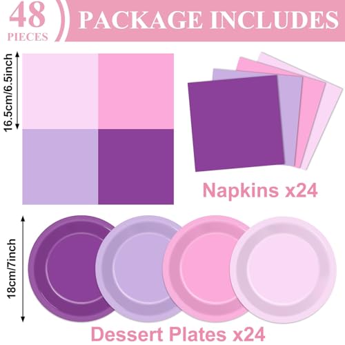 48Pcs Purple Pink Gradient Disposable Paper Plates & Napkins