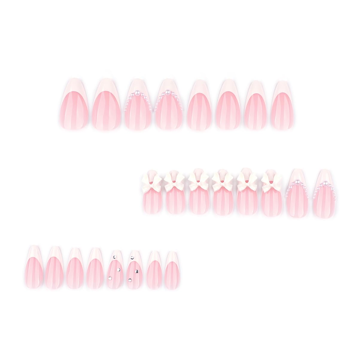 French Tip Press-On Nails - Almond Shape Medium 24 Pcs | 3D White Bow & Pearl Designs, Reusable Acrylic for Manicure