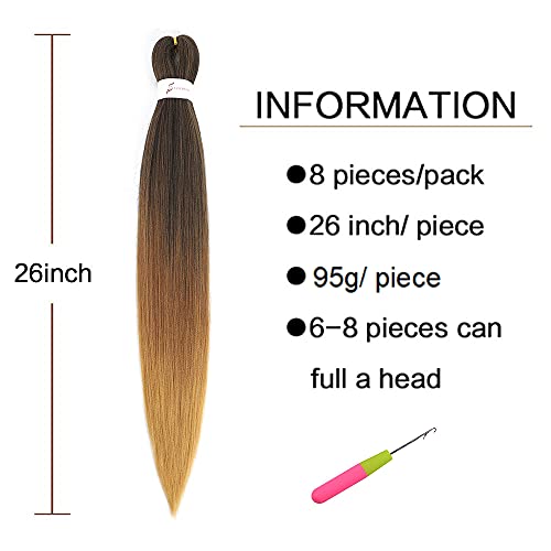MIYPMUNS 26 Inch Pre Stretched Ombre Braiding Hair 8 Packs Brown Synthetic Extensions for Easy Braid Styling