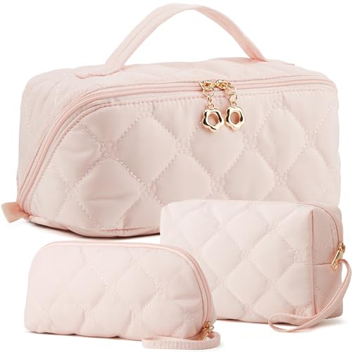 Pink Embroidery Puffer Travel Makeup Bag - Women’s Cosmetic Organizer