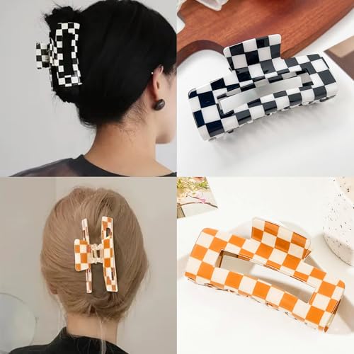 Large Checkered Hair Claw Clips - 4 Pack Acrylic Barrettes for All Hair Types