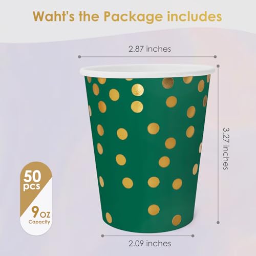 Dark Green and Gold Disposable Paper Cups - 9 oz, 50 Pcs