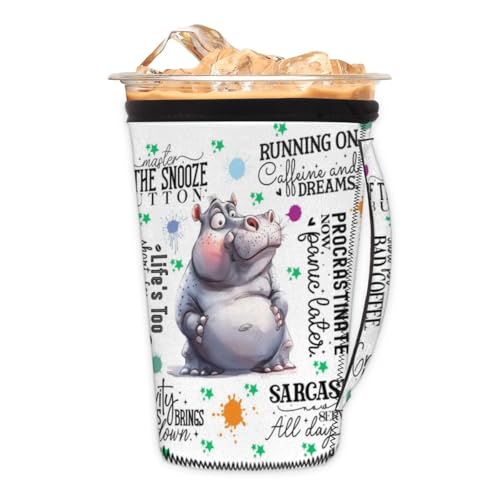 Cute Hippo Neoprene Iced Coffee Sleeve with Handle - Large 30-32 oz