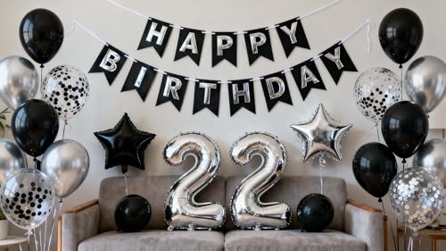 22nd Birthday Decoration Set for Men - Black & Silver Balloons