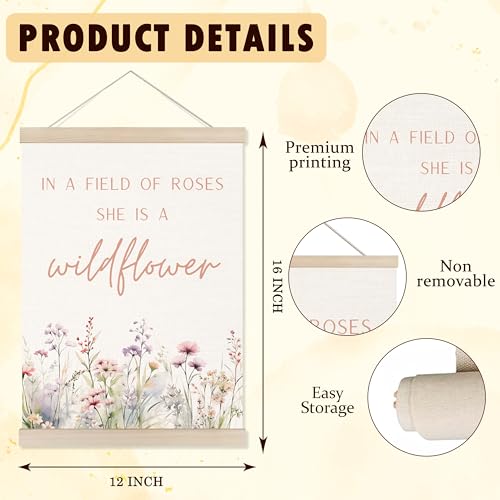 Boho Floral Girl Nursery Poster with Wooden Hanger - 12x16